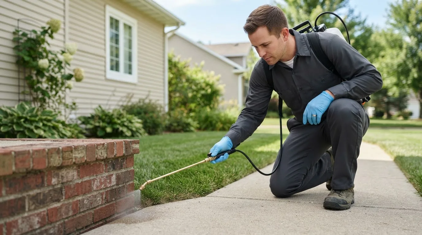 Pest control technician treating a home near Ovid, MI