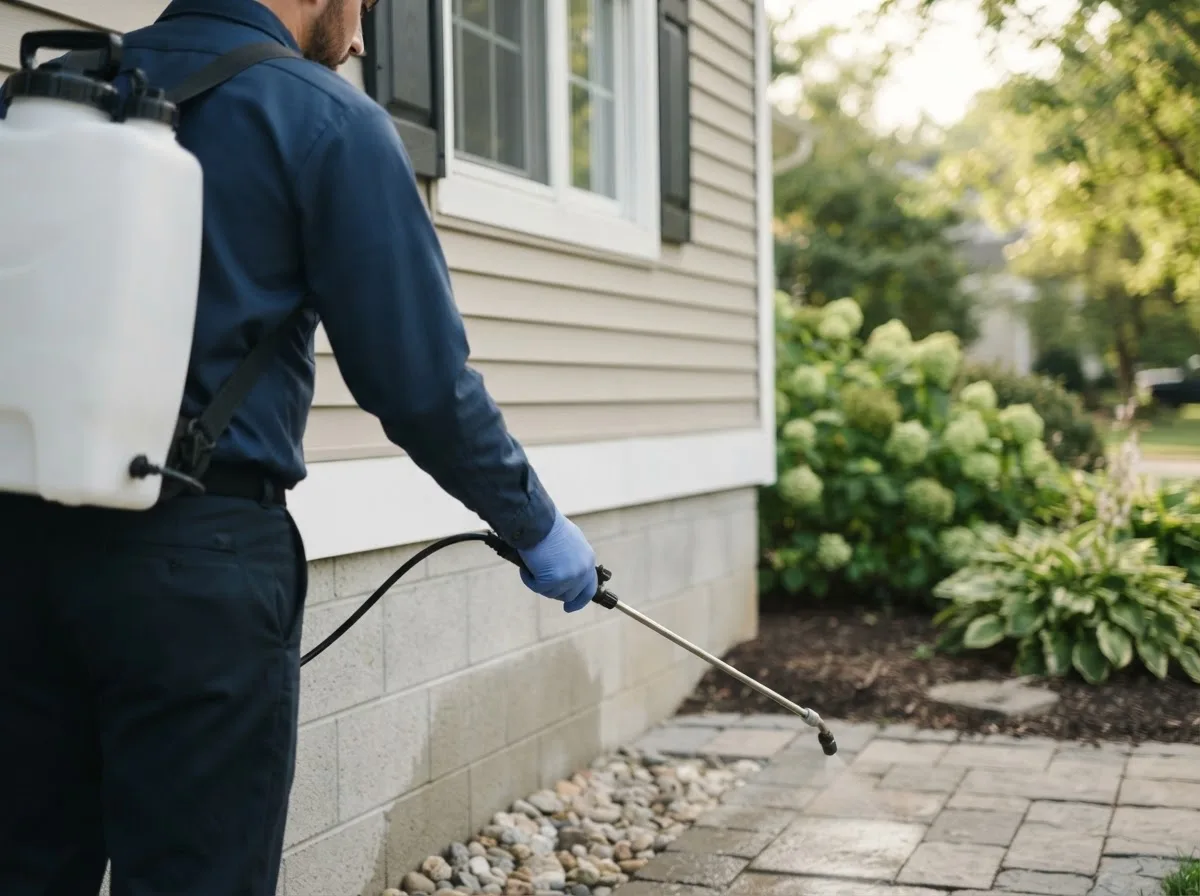 Pest control technician inspecting a home in Ovid, MI